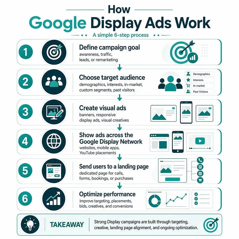 How Google Display Ads work infographic showing a 6-step process from campaign goals to optimization