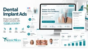 Dental implant ads strategy showing Google Ads campaign flow from ad click to landing page, lead capture, consultation booking, and campaign performance.