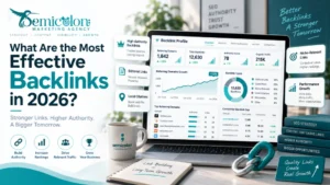Featured image for Pinterest backlink creator showing a backlink strategy dashboard with link building metrics, referring domains, SEO authority, quality backlinks, and website growth analysis.
