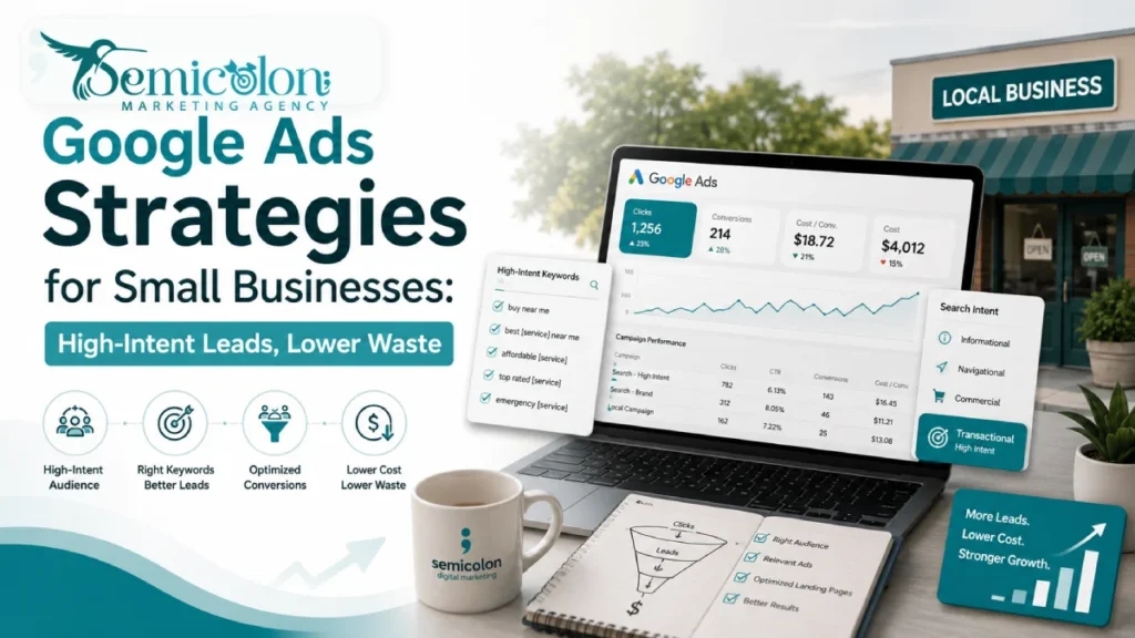 Featured image for Google Ads Strategies for Small Businesses showing a modern Google Ads strategy dashboard with high-intent keywords, lead generation, search intent, optimized conversions, and lower ad waste.