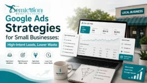 Featured image for Google Ads Strategies for Small Businesses showing a modern Google Ads strategy dashboard with high-intent keywords, lead generation, search intent, optimized conversions, and lower ad waste.