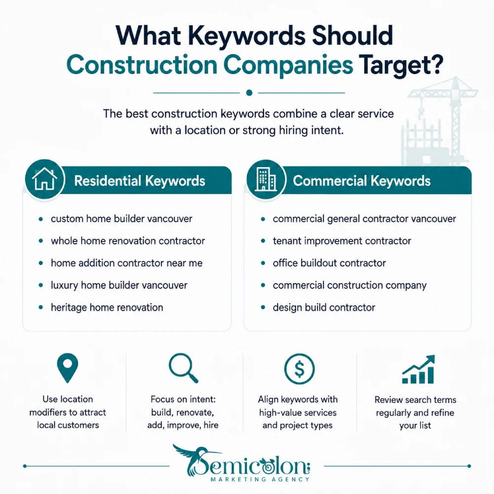 Google Ads for Construction Company: A Practical 2026 Guide 2 Infographic about google ads for construction company showing the best keyword types to target, including residential keywords, commercial keywords, brand keywords, and tips for avoiding overly broad search terms.