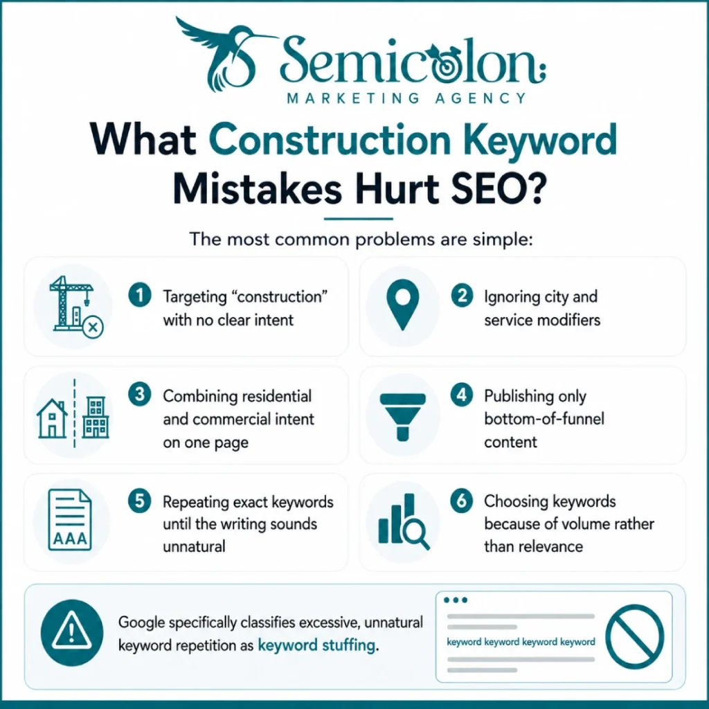 Construction SEO Keywords: The Complete 2026 List by Intent, Niche & Difficulty 5 Infographic about construction SEO keywords showing common keyword mistakes that hurt SEO, including vague “construction” targeting, missing city and service modifiers, mixed residential and commercial intent, keyword stuffing, and choosing volume over relevance.