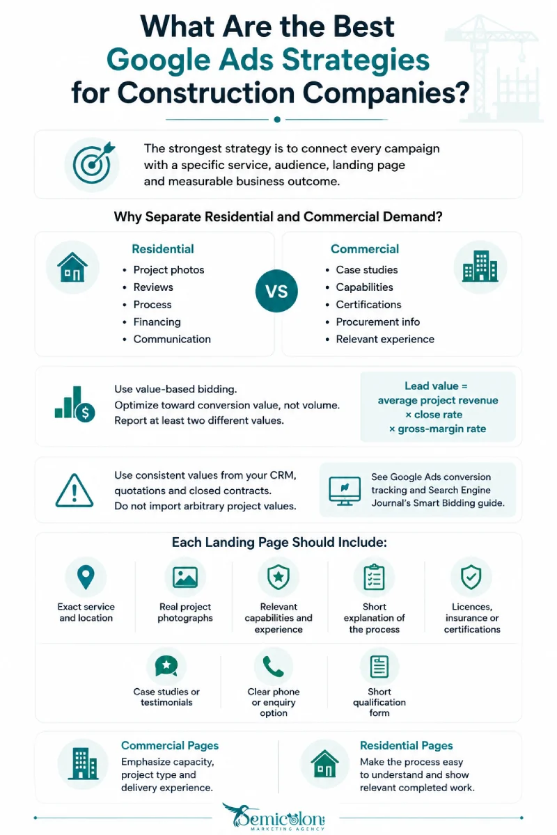 Google Ads for Construction Company: A Practical 2026 Guide 1 Infographic explaining google ads for construction company strategies, including residential vs commercial targeting, value-based bidding, CRM-based lead values, and construction landing page essentials.