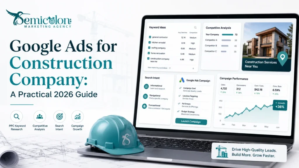 Featured image for google ads for construction company showing a modern Google Ads dashboard with PPC keyword research, competitive analysis, search intent, campaign planning, and performance growth for construction services.