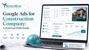 Featured image for google ads for construction company showing a modern Google Ads dashboard with PPC keyword research, competitive analysis, search intent, campaign planning, and performance growth for construction services.