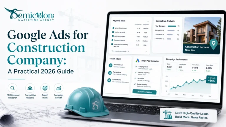 Featured image for google ads for construction company showing a modern Google Ads dashboard with PPC keyword research, competitive analysis, search intent, campaign planning, and performance growth for construction services.