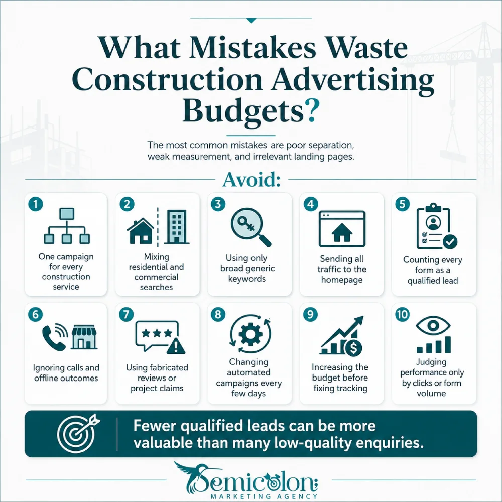 Google Ads for Construction Company: A Practical 2026 Guide 5 Infographic about google ads for construction company showing common mistakes that waste advertising budgets, including poor campaign separation, broad keywords, weak tracking, irrelevant landing pages, and low-quality lead measurement.