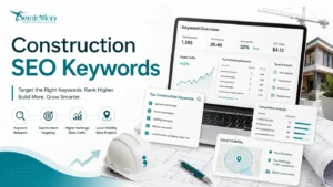 Featured image for construction SEO keywords showing a modern SEO dashboard with keyword research, search intent, competitive analysis, local visibility, and ranking growth for construction companies.