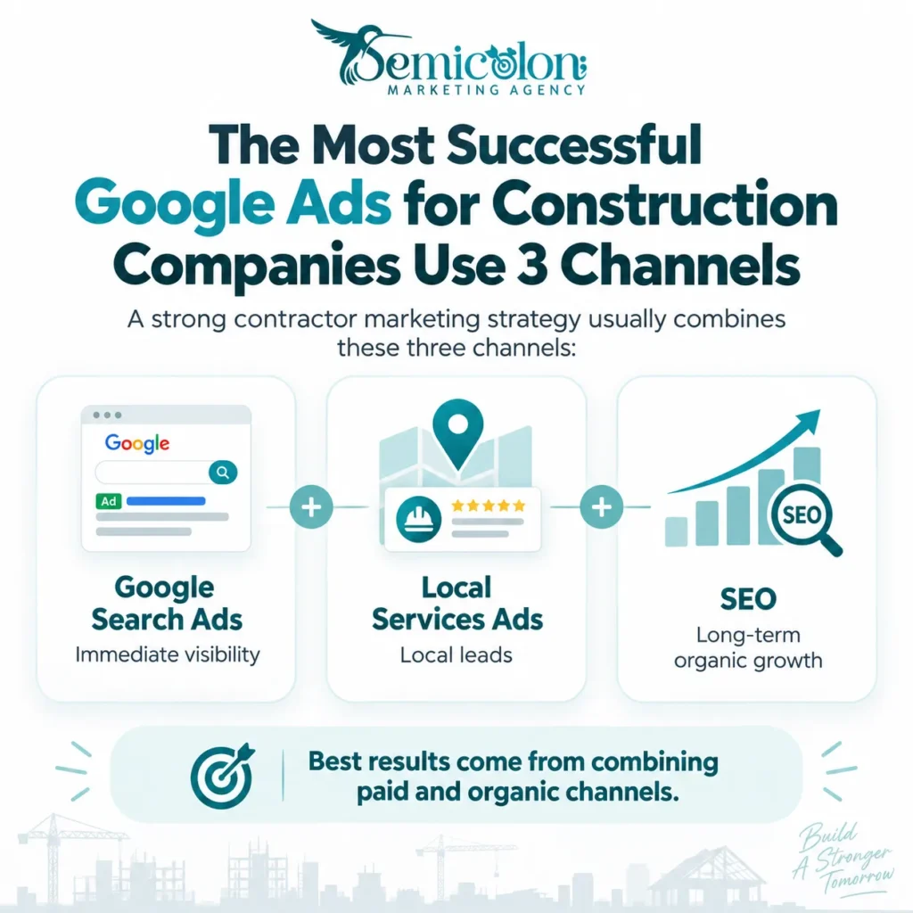 Google Ads for Contractors: How to Get More Leads & Projects in 2026 1 Infographic about Google Ads for Contractors showing the three most effective channels for contractor marketing: Google Search Ads for immediate visibility, Local Services Ads for local leads, and SEO for long-term organic growth.