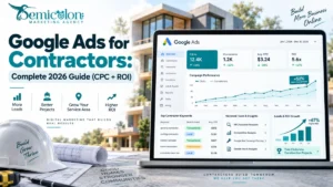 Featured image for Google Ads for Contractors showing a modern Google Ads dashboard with contractor keyword research, CPC data, ROI growth, campaign planning, and lead generation visuals for construction businesses.