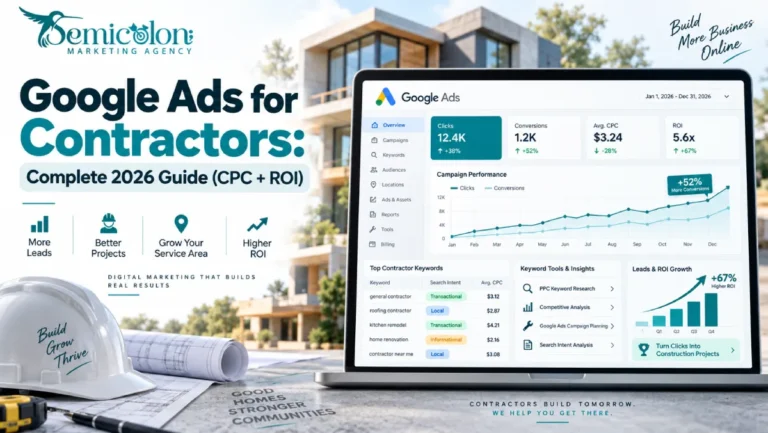 Featured image for Google Ads for Contractors showing a modern Google Ads dashboard with contractor keyword research, CPC data, ROI growth, campaign planning, and lead generation visuals for construction businesses.