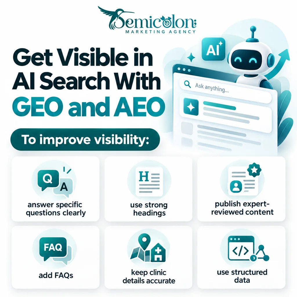 Infographic about GEO and AEO showing how businesses can improve visibility in AI search by answering specific questions, using strong headings, publishing expert-reviewed content, adding FAQs, keeping clinic details accurate, and using structured data.