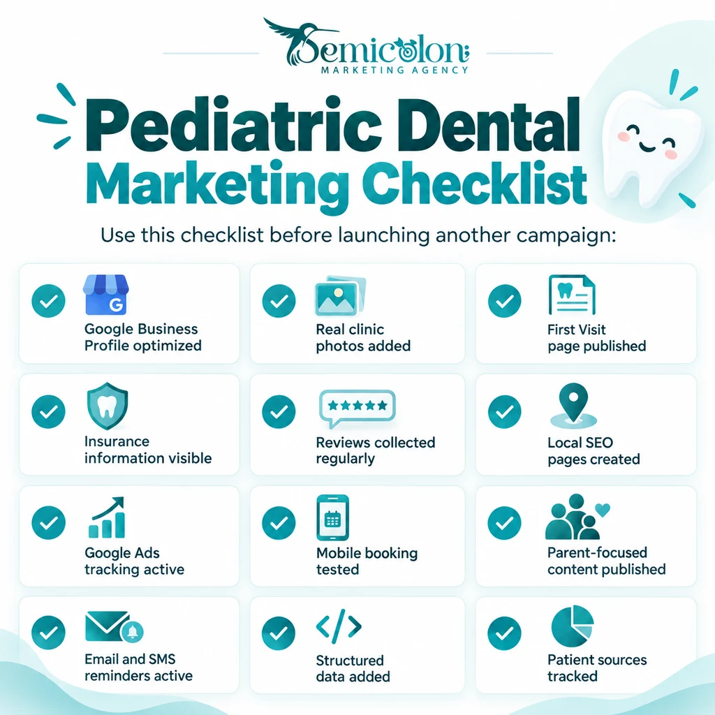 Infographic about Pediatric Dental Marketing showing a marketing checklist for dental practices, including Google Business Profile optimization, real clinic photos, first visit pages, insurance information, reviews, local SEO, Google Ads tracking, mobile booking, parent-focused content, reminders, structured data, and patient source tracking.