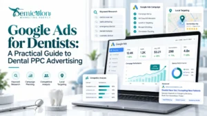 Featured image for Google Ads for Dentists showing dental PPC keyword research, local targeting, competitor analysis, campaign planning, conversion tracking, and performance growth.