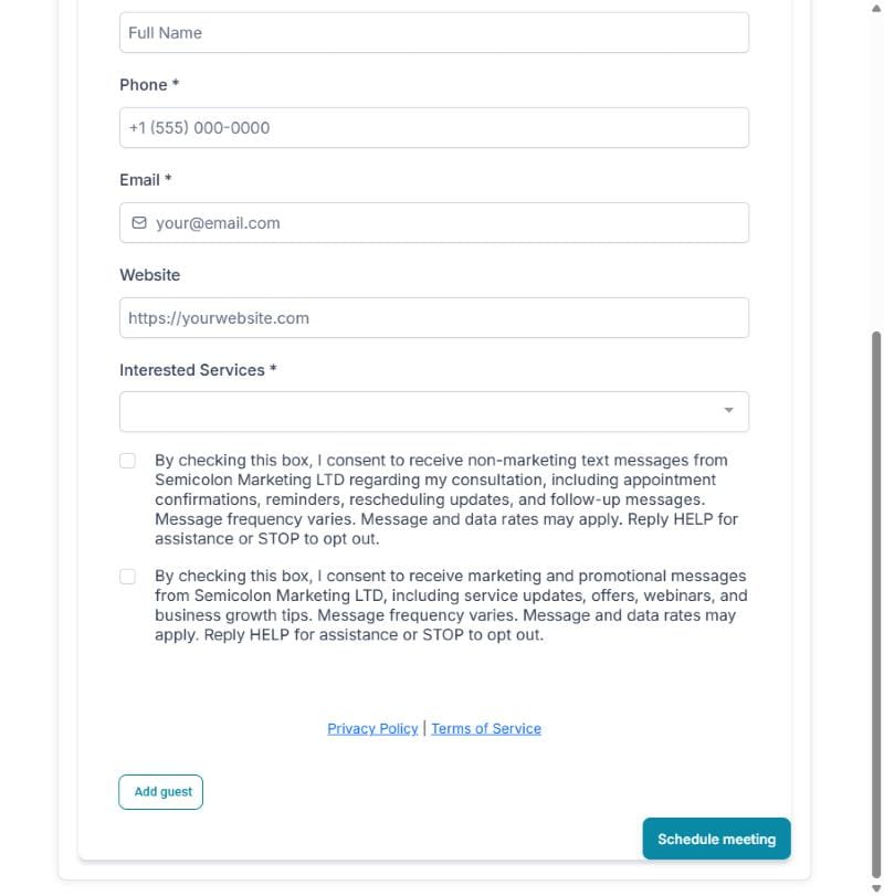 SMS Consent and Opt-In 1 Semicolon Marketing booking form with two unchecked SMS consent boxes